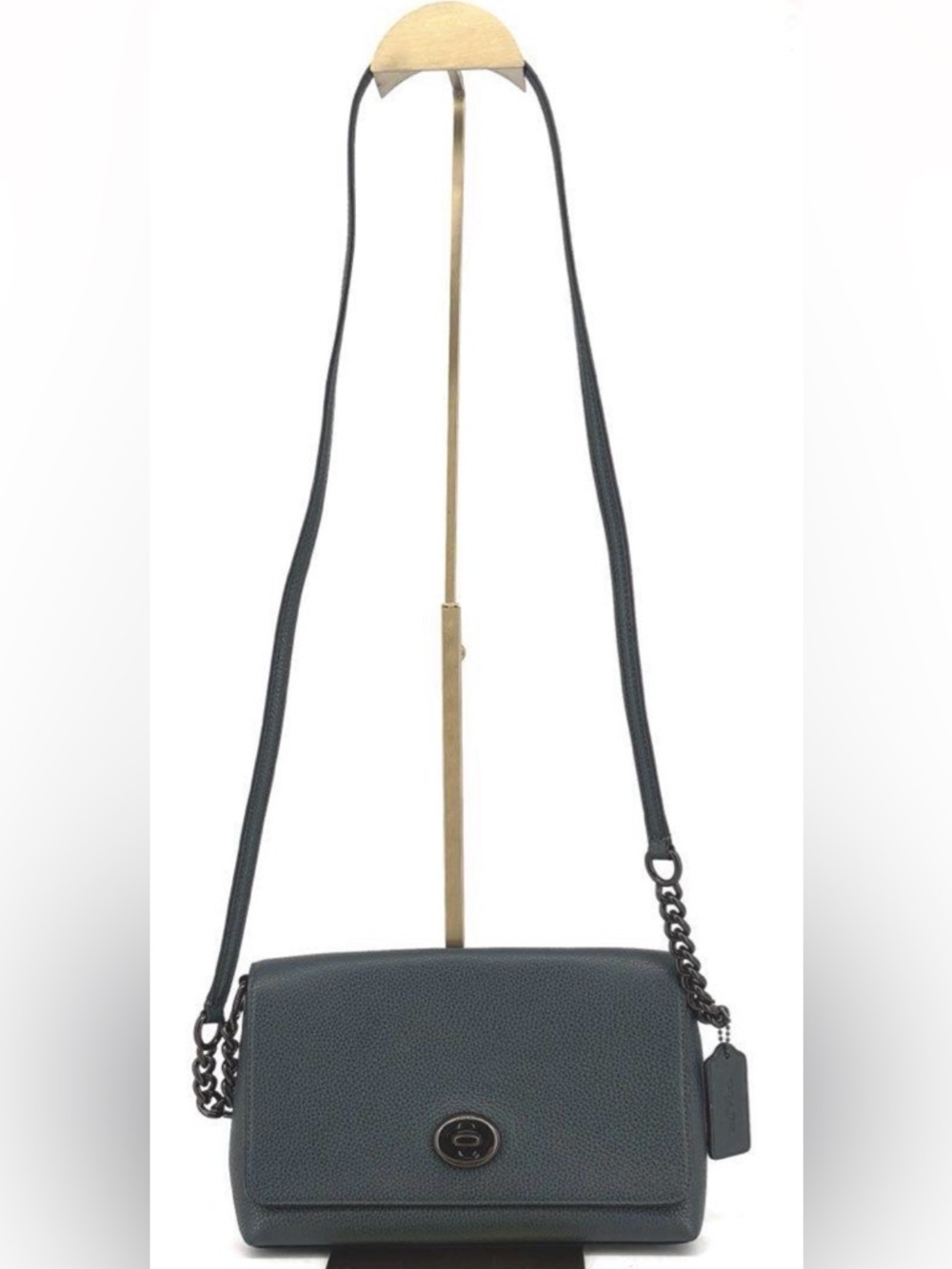 Coach Crosstown Crossbody Teal Pebbled Leather Turnlock Chain Strap Purse